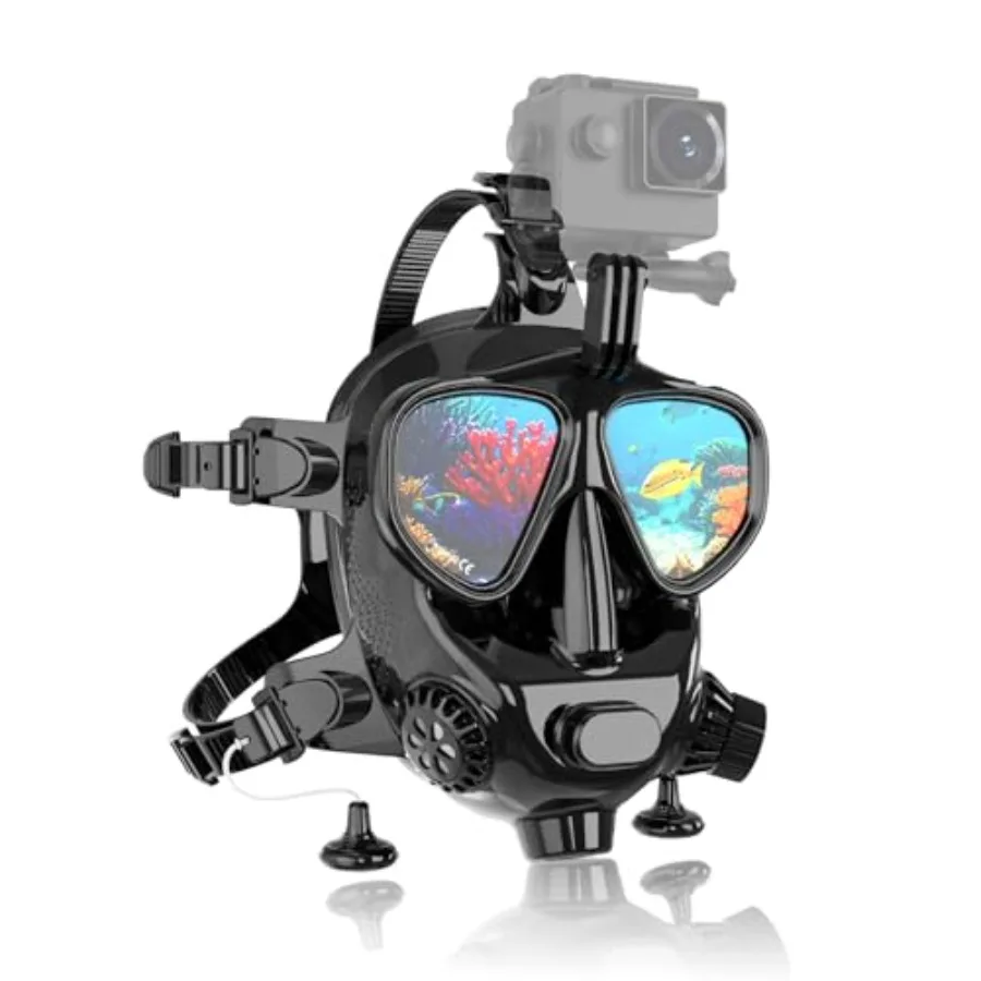 

Full Face Dive Mask for Diving Snorkeling Silicone Material Black 180 Panoramic View Adjustable Fit Camera Mount Compatible wit