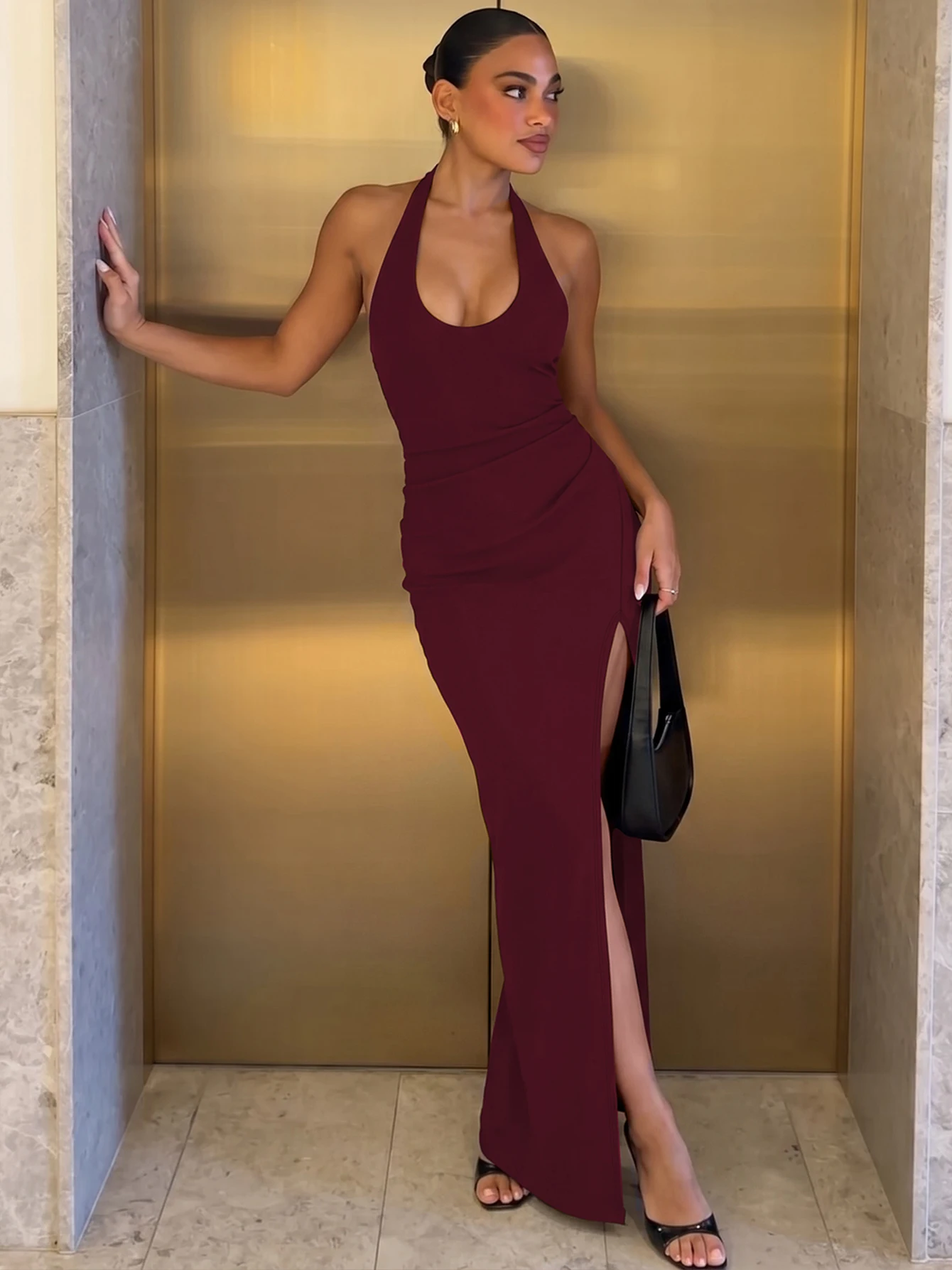 Hugcitar Sommer Elegantes Neckholder-Kleid Einfarbig Ärmellos Rückenfrei Bandage Sexy Schlitz Maxikleid Damenmode Party Urlaub Sommerkleid