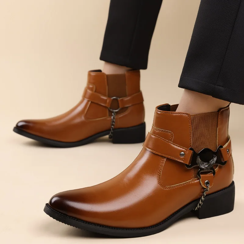 Men Fashion New Pointed Pull-On Leather Booties British Style Business Ankle Boots Western Cowboy High Top Boot Men Dress Boots