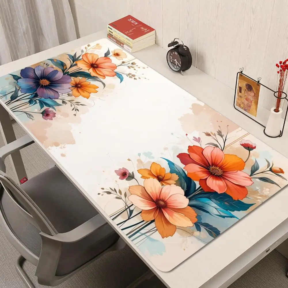 HD printing natural rubber watercolor orange purple flower desk mat fresh Chinese style non-slip stitched mouse pad