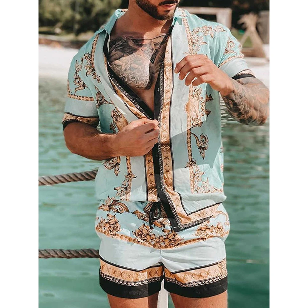 2023 Beach Shirts Set Men Summer Short Sleeve Vacation Wear Floral Printed T-shirts Shorts 2 Pcs Suit Casual Shirt Gothic Sets