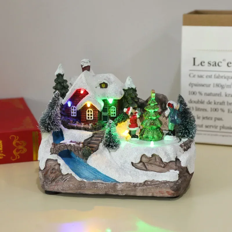 Christmas House Decoration LED Light Resin Rotating Music Statue Christmas Home Decoration Desktop Decoration Christmas Gift