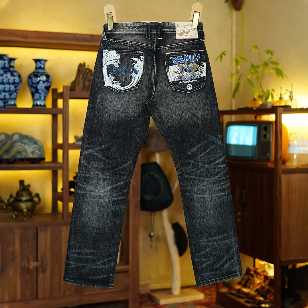 

Selvedge Denim 17oz Jeans for Men Sulfur Black Wash Pants Pure Cotton Straight Leg Embroidered Chinese Trend Style Pants 5KM
