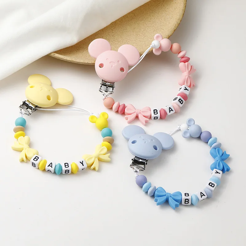 INS Baby Pacifier Clips Personalized Name Cartoon Silicone Bow Dummy Nipples Holder Clip Chain Newborn Teething Toys Accessories