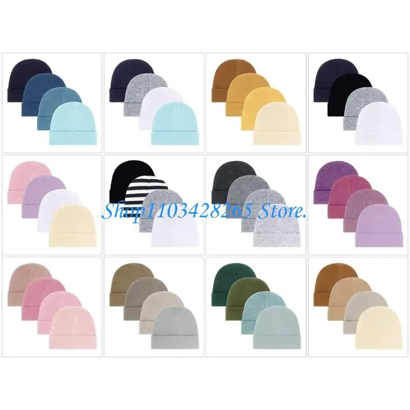 

4pcs Assorted Color Infant Fetal Caps Soft Stretchy Cotton Baby Hospital Hats Stylish Headgear for Birth to 3 Months G2TE