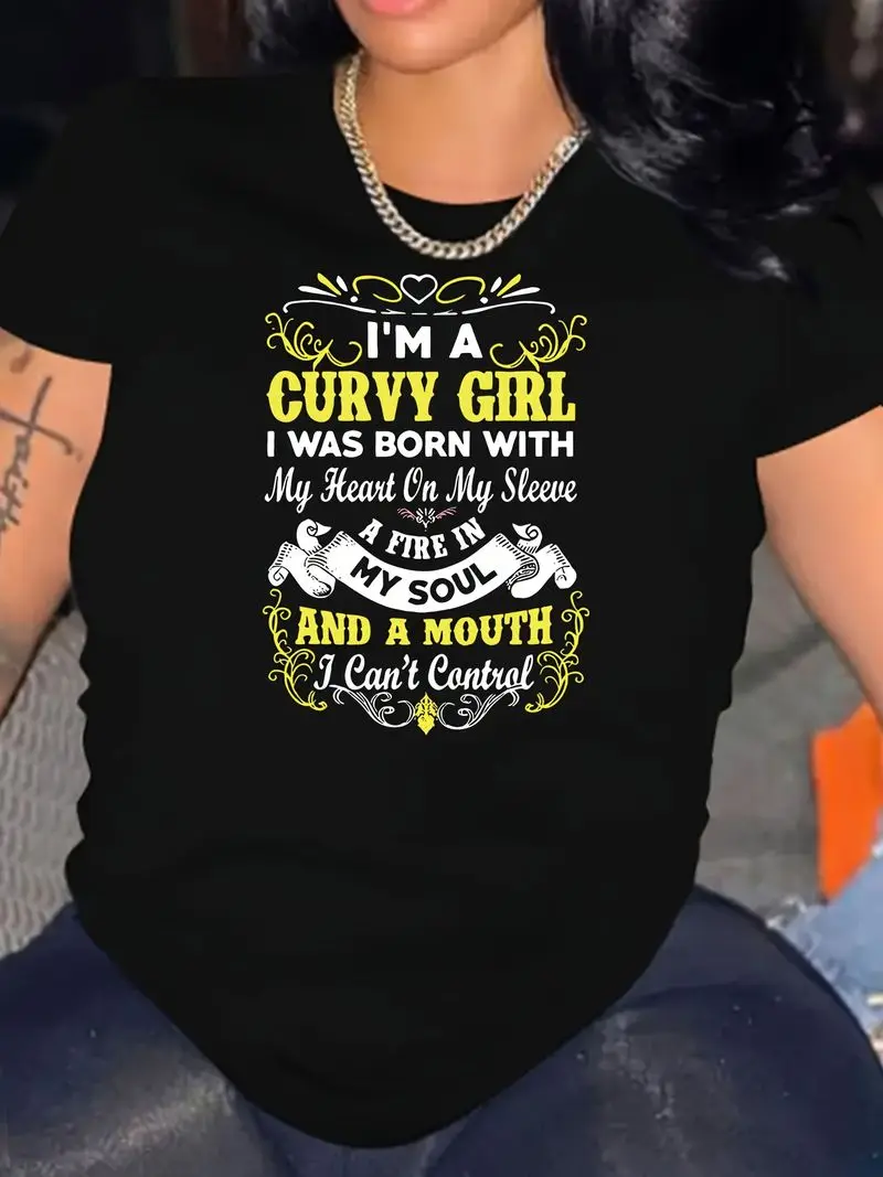 Plus Size Women's T-Shirt With English Letter Print, Casual Crew Neck Short Sleeve Top, Summer Everyday Wear Gift For Her