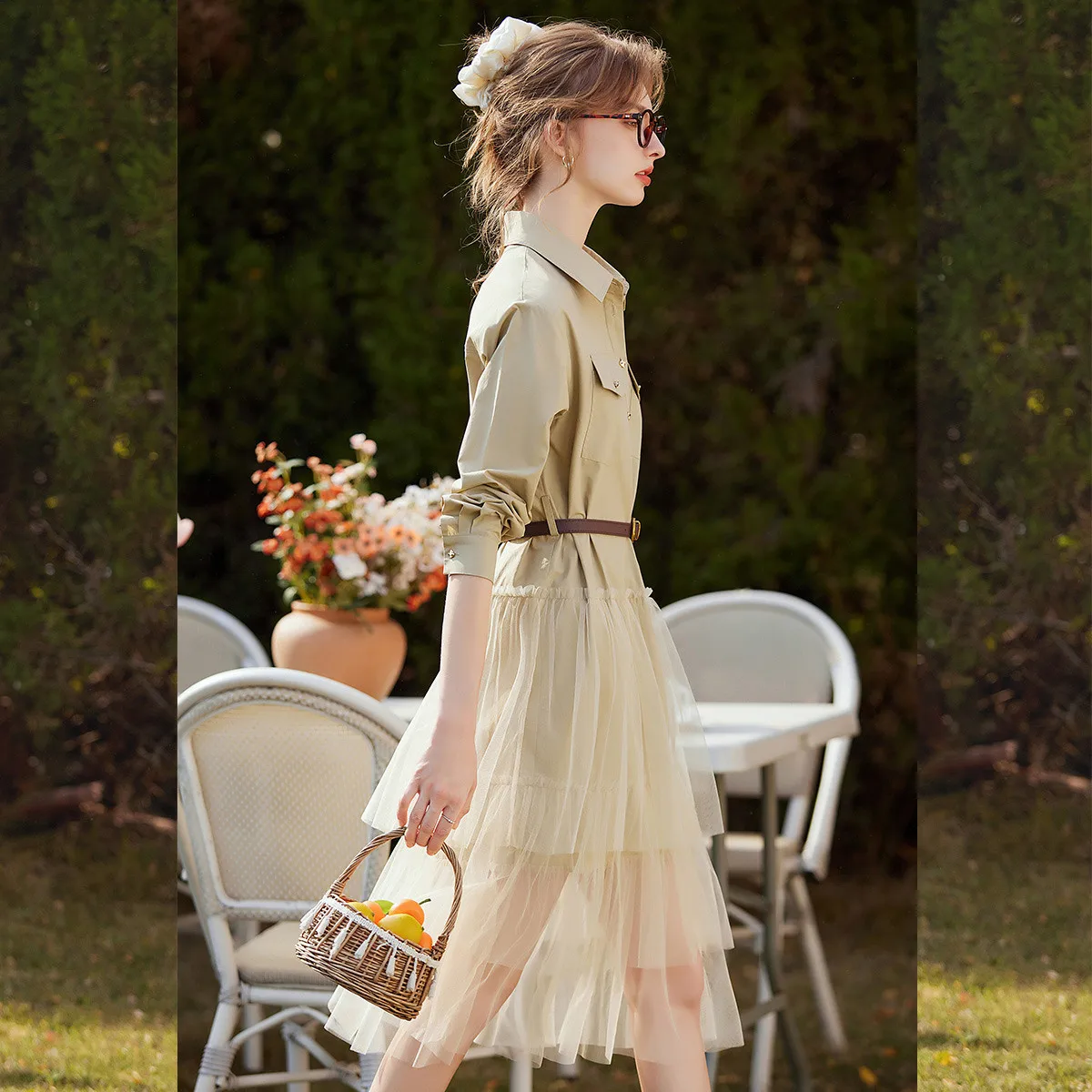 Fashion Mesh Splicing Women Dress Elegant Shirt Collar Half-Placket Detachable Belt Long Sleeve Dress Spring New 2025