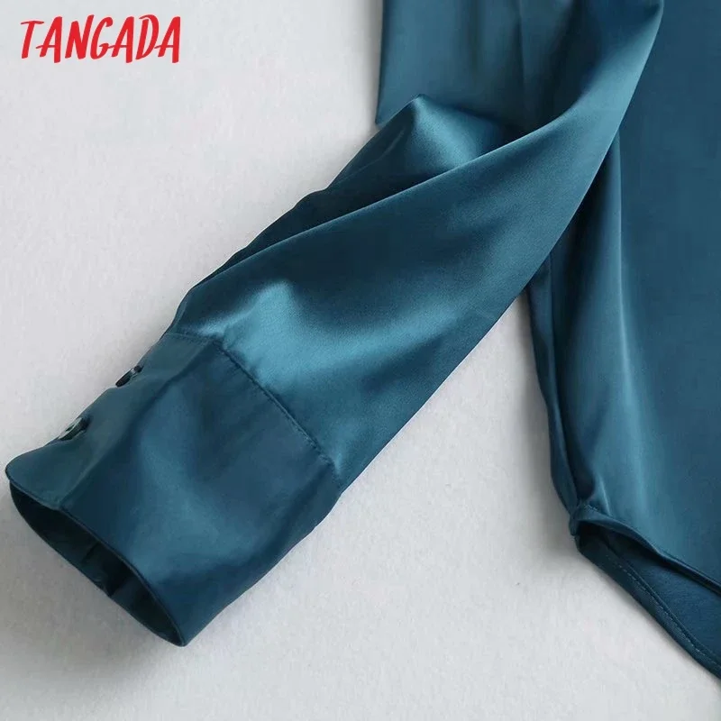 Tangada women solid satin shirts long sleeve solid turn down collar elegant office ladies high quality tops blouses 4C55