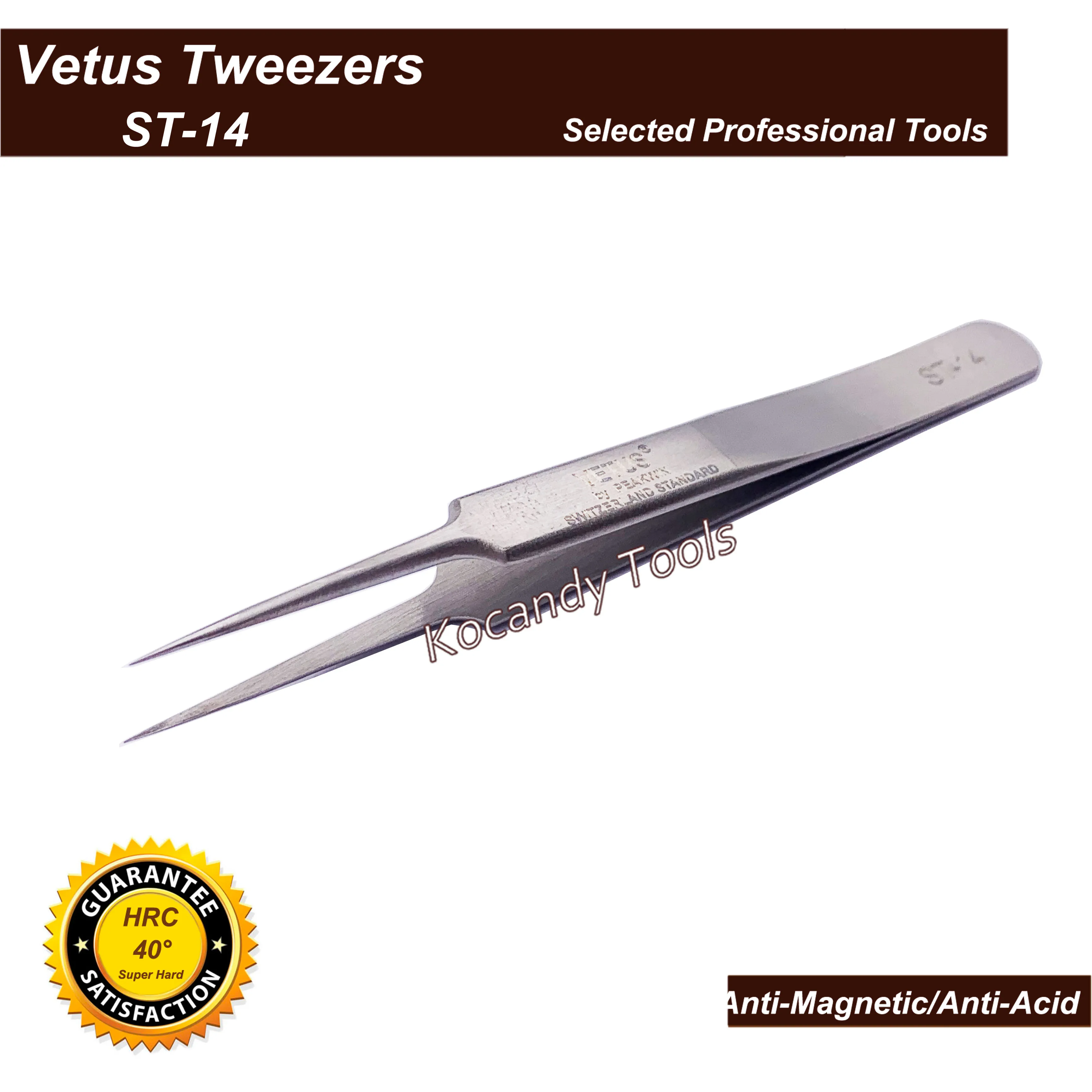 VETUS TWEEZER ST-14 Fine Straight Tip High Quality Stainless Steel Super Hard Anti-magnetic and Anti-Acid Precision Tweezers