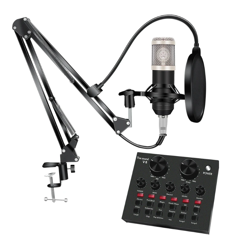 Professional Condenser Studio Microphone With Audio Interface and Earphone for Broadcasting