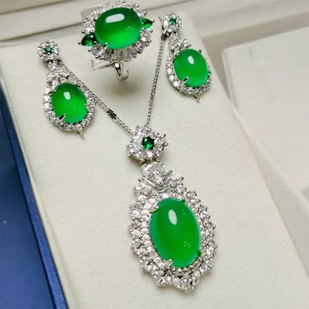 Natural Jade Jewelry Set For Women Myanmar Jadeite With Zircon Emerald Oval Pendant Necklace Dangle Earrings And Green Jade Ring