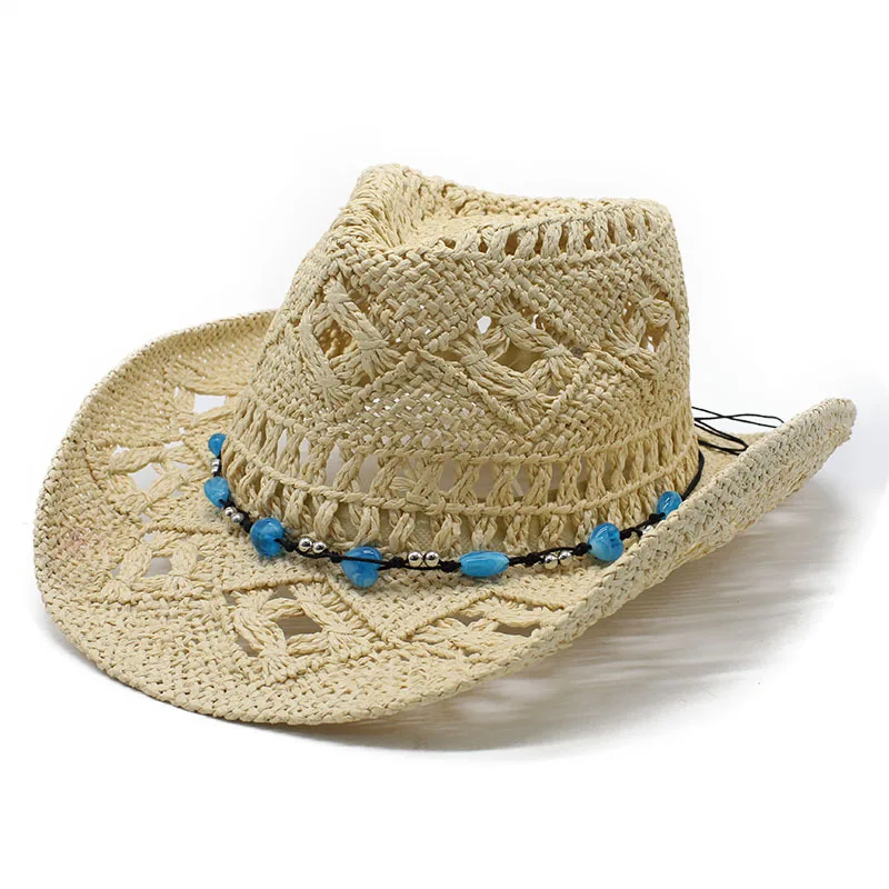 New Handmade Orchid Hollow Straw Hat Blue Beaded Curved Brim Cowboy Hat Summer Sun Protection Beach Shade Cap