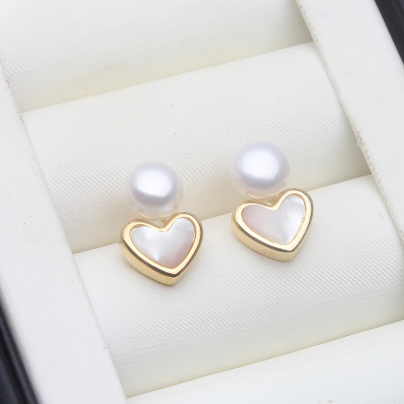 New Natural Freshwater Pearl Earrings For Women,Small 925 Silver Heart Pearl Earrings Girlfriend Birthday Gift White Black