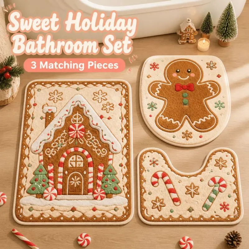 VIKAMA Christmas Toilet Mat Set 3 Piece Gingerbread House Cookie Snowflake U Shape Toilet Seat Cover Bathroom Rug Non Slip