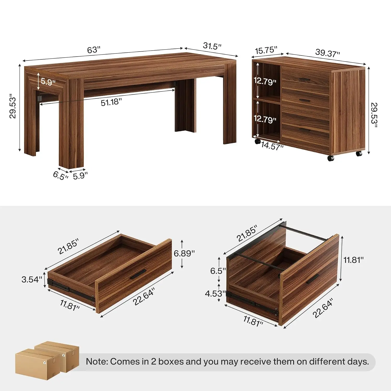 L Shaped Executive Office Desk with Drawers, Light Walnut, Customized