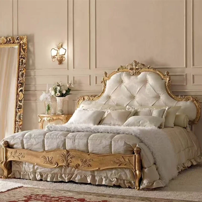 Neoclassical solid wood carving flower soft bag 1.51.8 meters double bed American old retro solid wood bed carved bed