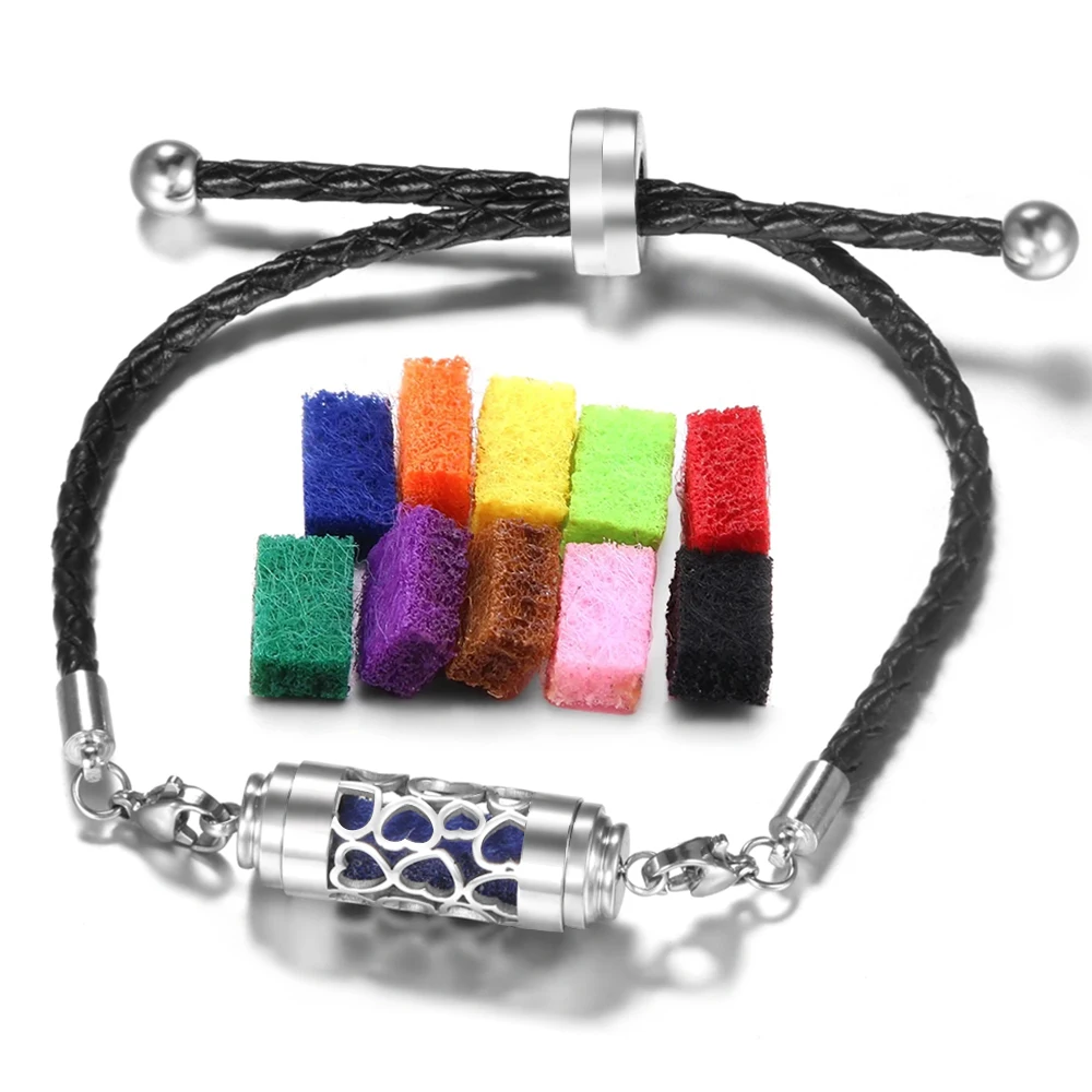 Heart Shaped Hollow Stainless Steel Aromatherapy Lockets Bracelet Adjustable Essential Oil Diffuser Woman Black Leather Bracelet
