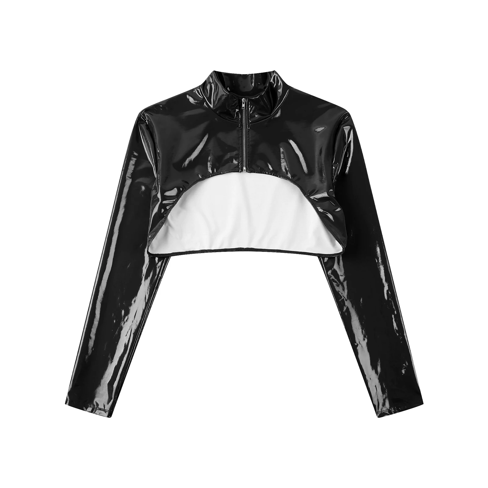 Mens Weet look Long Sleeve Crop Top Clubwear Zipper Patent Leather Shrug Slim Top Showing Muscle Clubwear