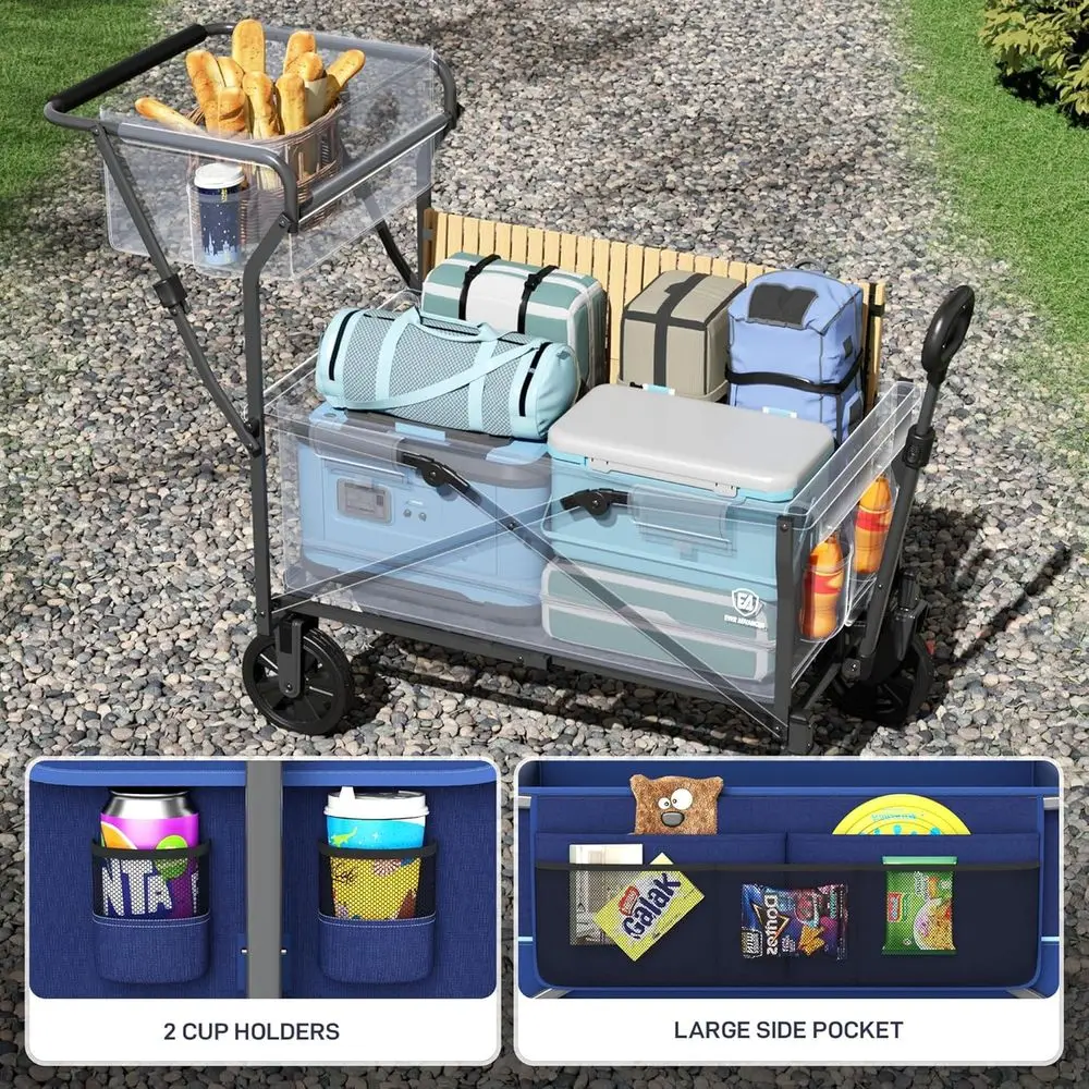 Folding Utility Cart with Wheels, Brakes, and Storage for Groceries, Beach, and Camping, Blue