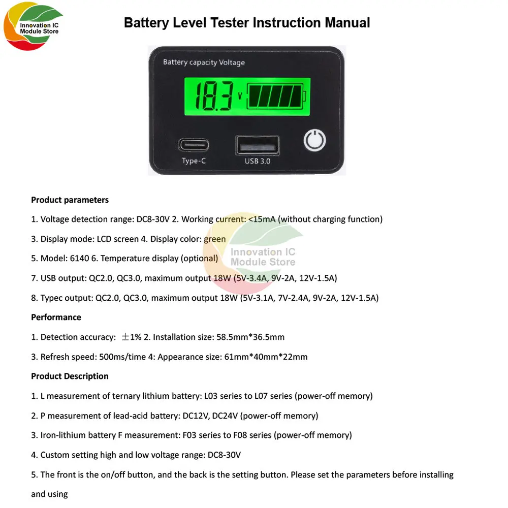 DC8-30V USB3.0+Type-C output 6 mode LCD green light display battery tester car motorcycle digital voltmeter tester instrument