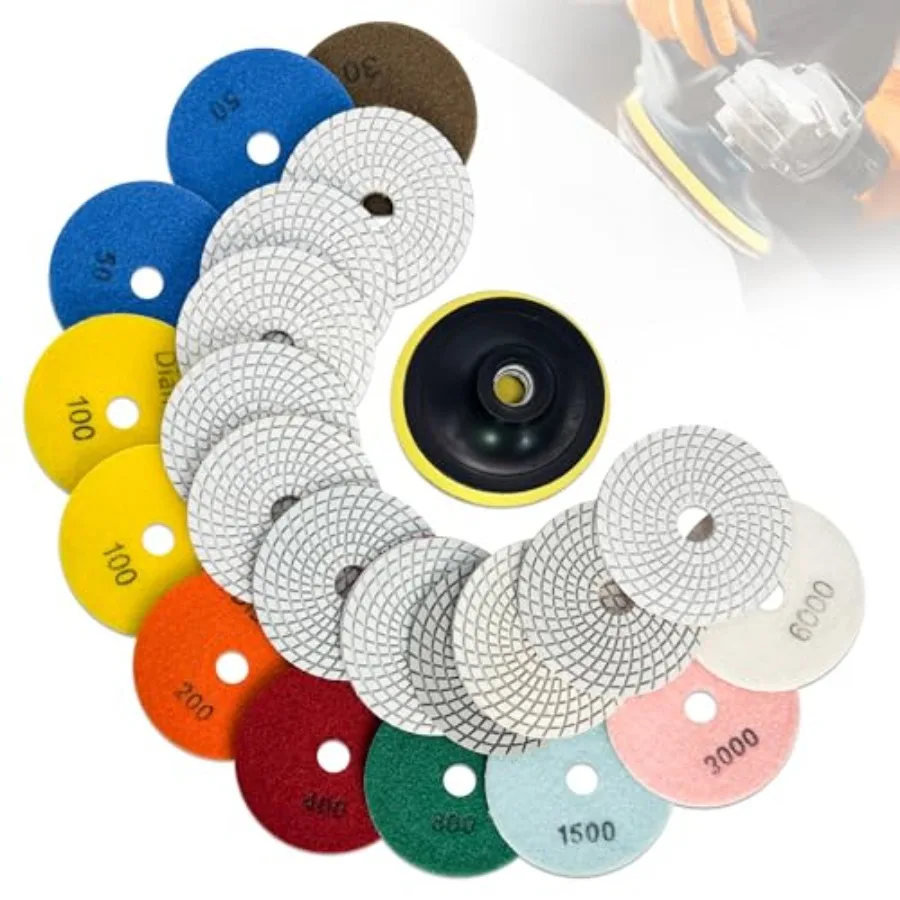 

Набор алмазных полировальных дисков 7 дюймов для влажной и сухой полировки плитки, включая опорную подошву 5/8 дюйма, для дрели, шлифовальной машины, полировальной машины, 30-6000 Grit