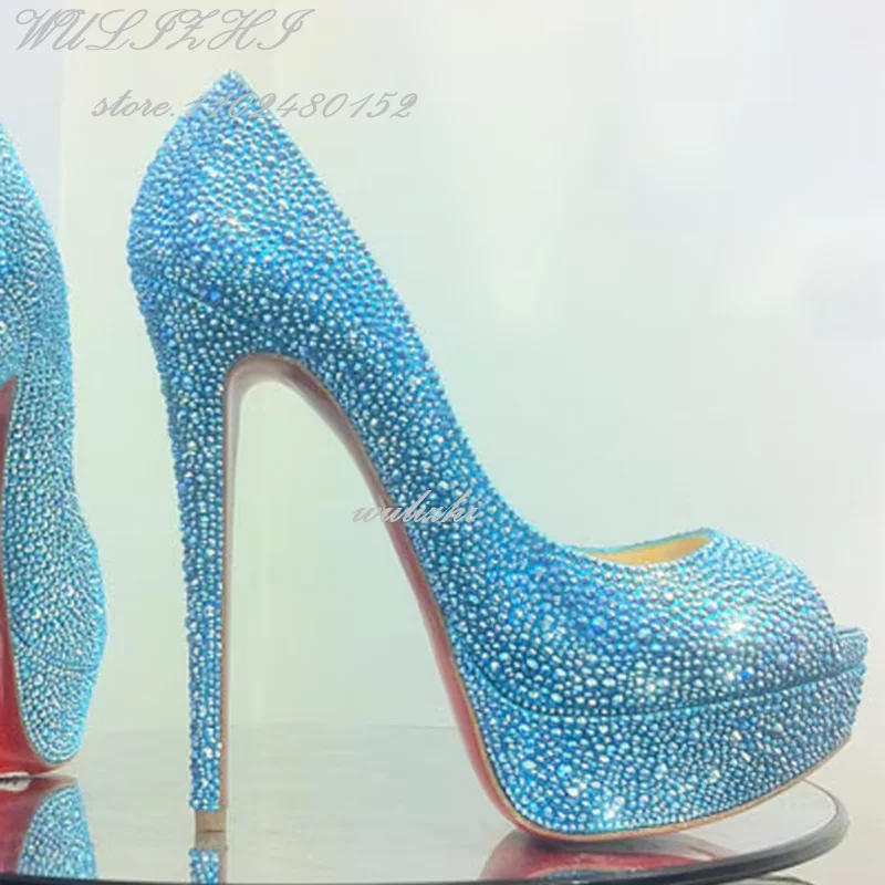 Full Crystal Platform Peep Toe Stiletto Sandals Women Luxury Rhinestones Shiny High Sexy Red Pump Dress Gold Gem Wedding Shoes