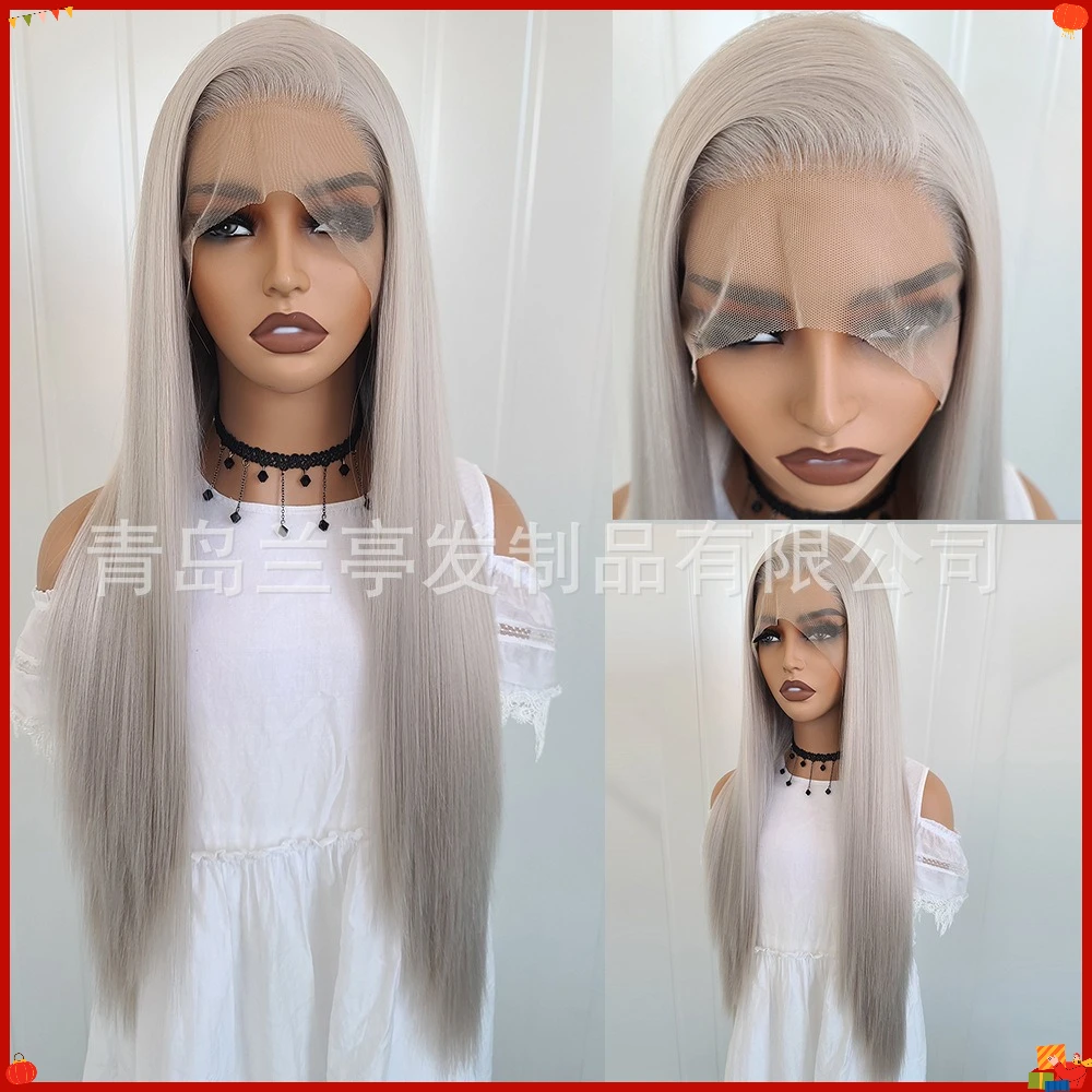 Synthetic Lace Front Wig Hand-Tied Natural Blend Fiber Light Grey Long Straight Cosplay Costume Fashion Party Hair