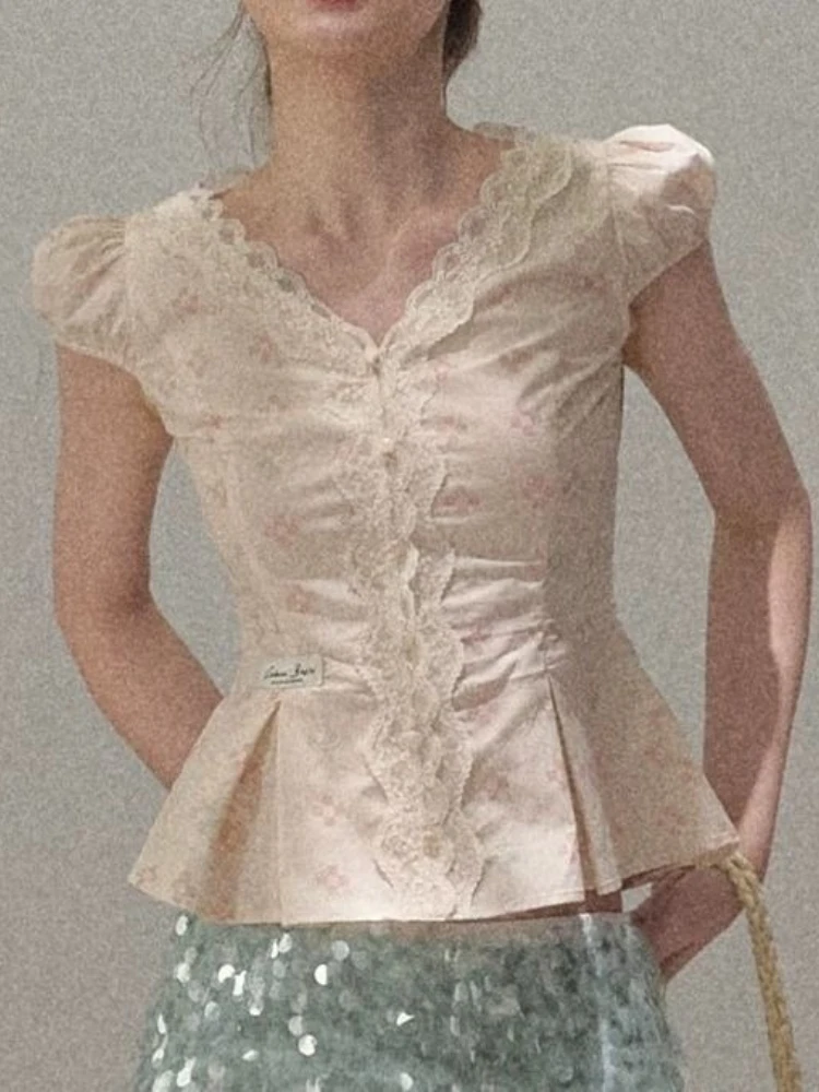 

Lace Patchwork Sweet Womens Blouse Y2k Aesthetic Single Breasted Slim Fit Blusas Puff Sleeve Vintage Fairy Summer Grunge Shirt