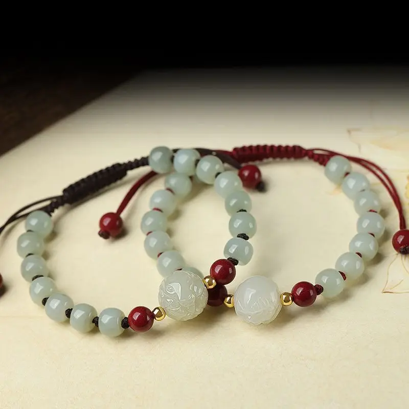 Handmade Braided Red String Hetian Jade Chinese Zodiac Bracelet 2026 Birth Year Gift For Couples Adjustable Natural Jade Beaded