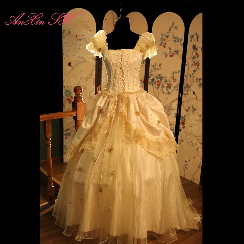 

AnXin SH vintage princess champagne lace sweetheart beading pink rose puff sleeve ruffles ball gown lace up wedding dress