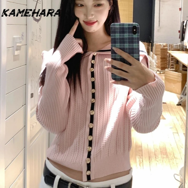 

KAMEHARA Sweet Hot Girl розовые свитера с открытыми плечами и длинными рукавами, женские осенние вязаные кардиганы с матросским воротником, укороченный топ 여성 반팔 니트