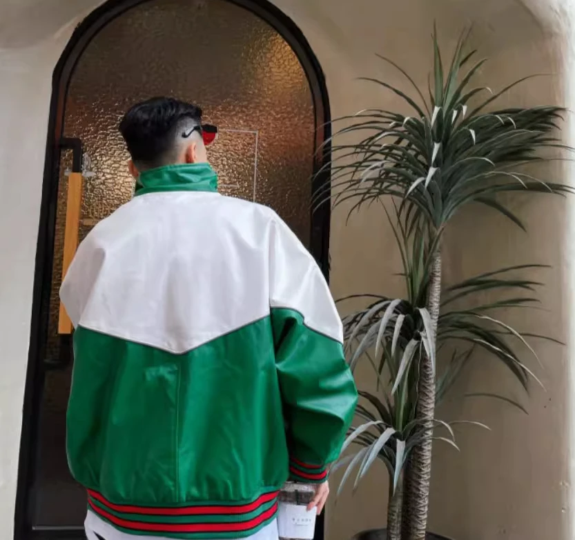 Men's and Women's 2025 Spring New Contrast Color Embroidery Handsome High Street Faux Leather Coats Stand Collar Leather Jacket