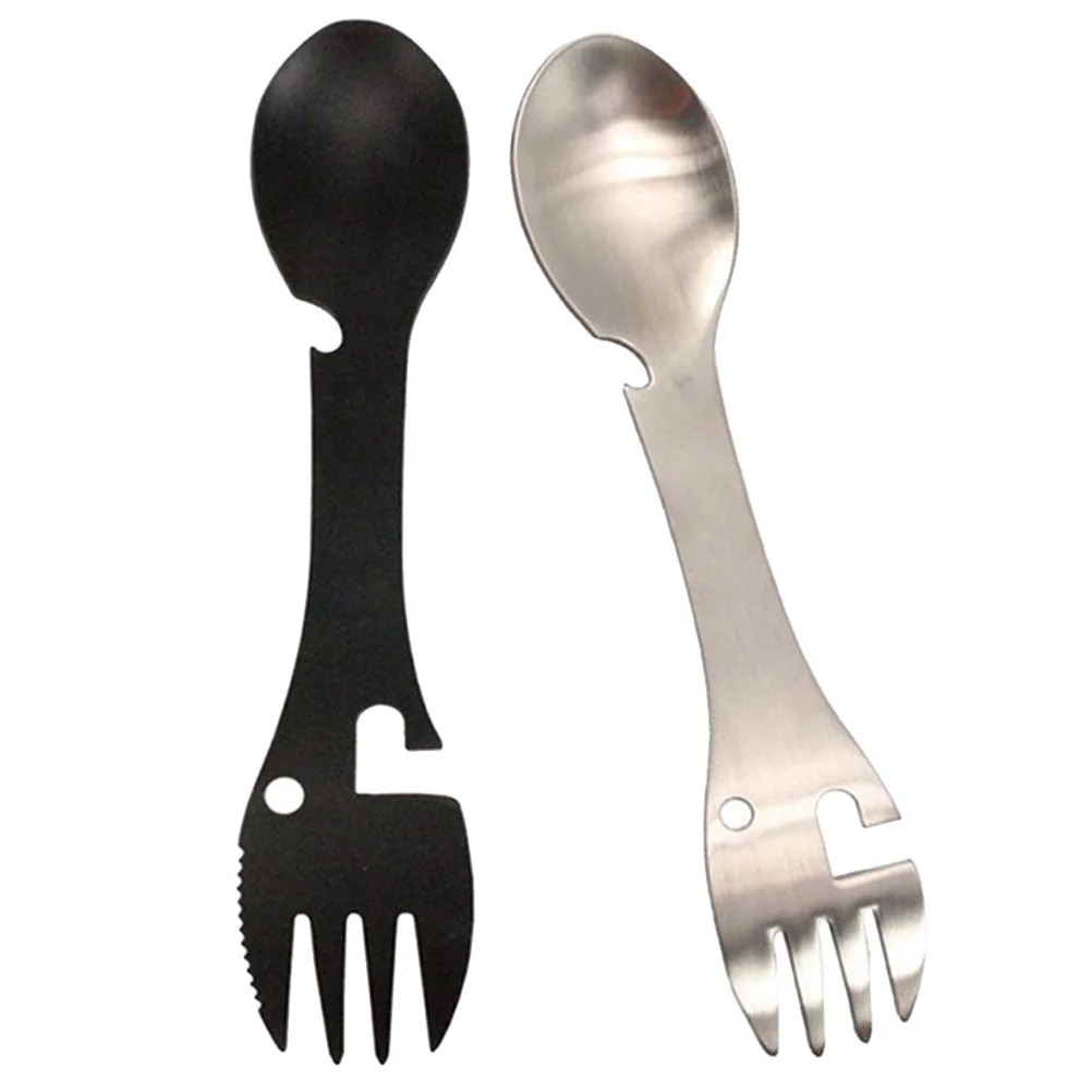 2 Pcs Integrated Knife and Fork Spoon Camping Spork Set One Body Lightweight Stainless Steel Combine 5-in-1 Tool Outdoor