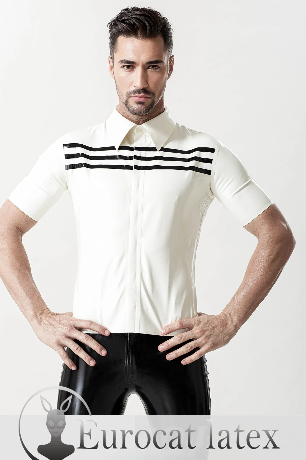 

rubber top men's white latex short sleeve t shirt with black stripe details stylish design formal clubwear fashion customized