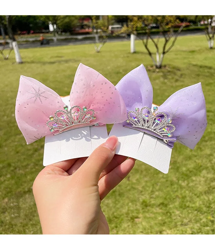 Disney Children's Lace Elsa Princess Crown Bow Hairpin Three-dimensional Mesh Headdress Little Girl Hair Accessory