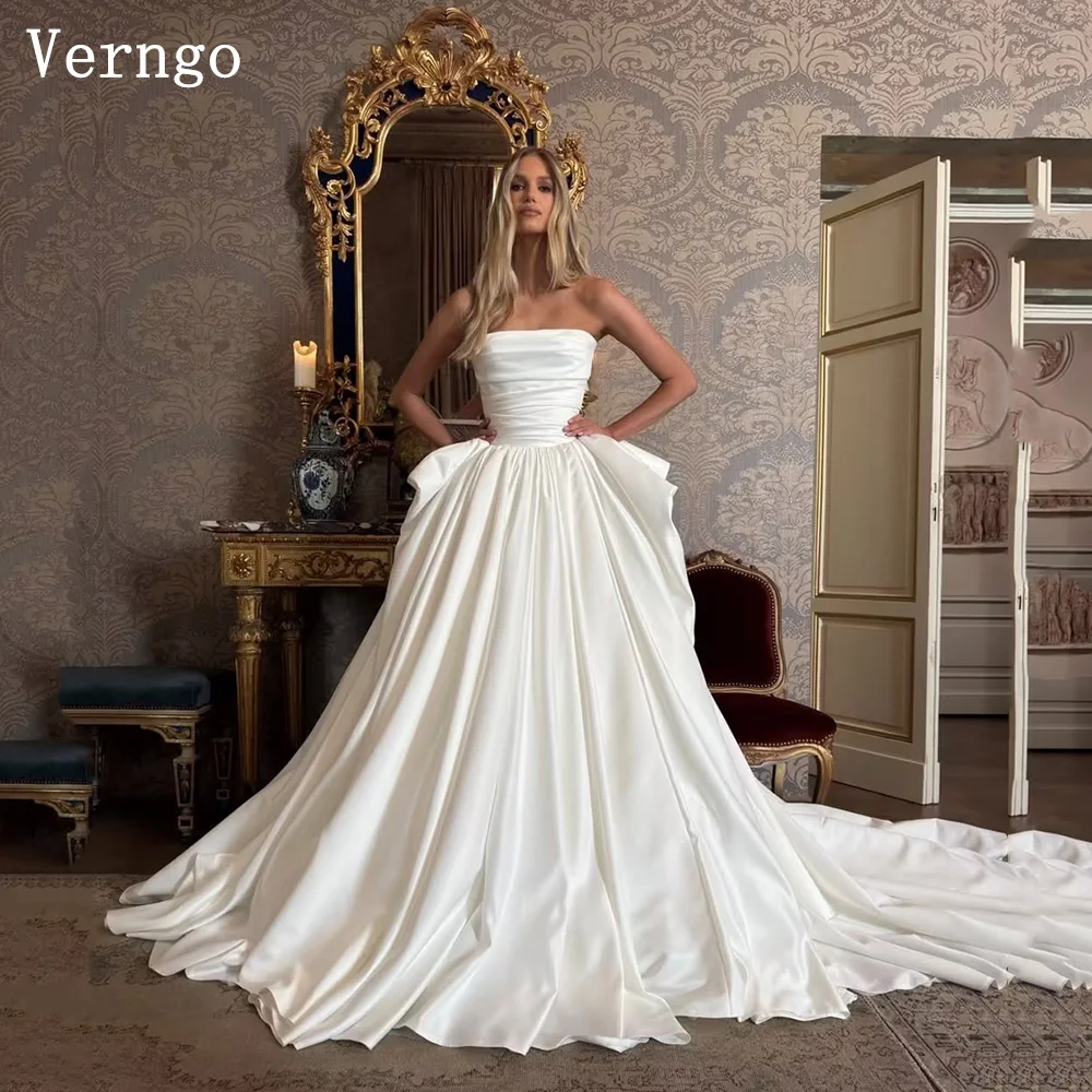 

Verngo lvory Satin Pleated Simple Wedding Dress Strapless A Line Sweap Train Bridal Gowns Maxi Prom Bride Dress Customized