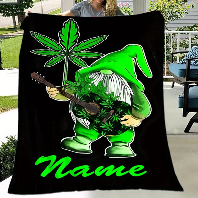 Custom Gnome Blanket Weed Leaf Guitar Design Personalized Name Fleece Throw All Season Soft Warm Bedding Home Decor Gift