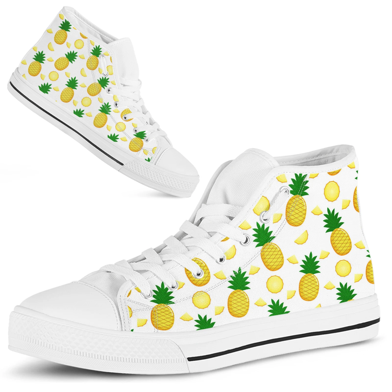 ELVISWORDS White High-top Women's Shoes Cartoon Pineapple Painted Tropical Fruit Lace-up Shoes Teen Girls Outdoor Travel Shoes