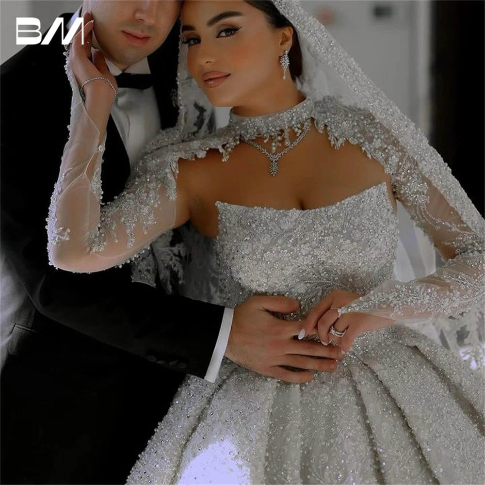 Arabic Long Jacket Sleeve Bride Dresses With Luxury Embroidery Beads Princess Ballgown For Wedding Zipper Back Bridal Gown