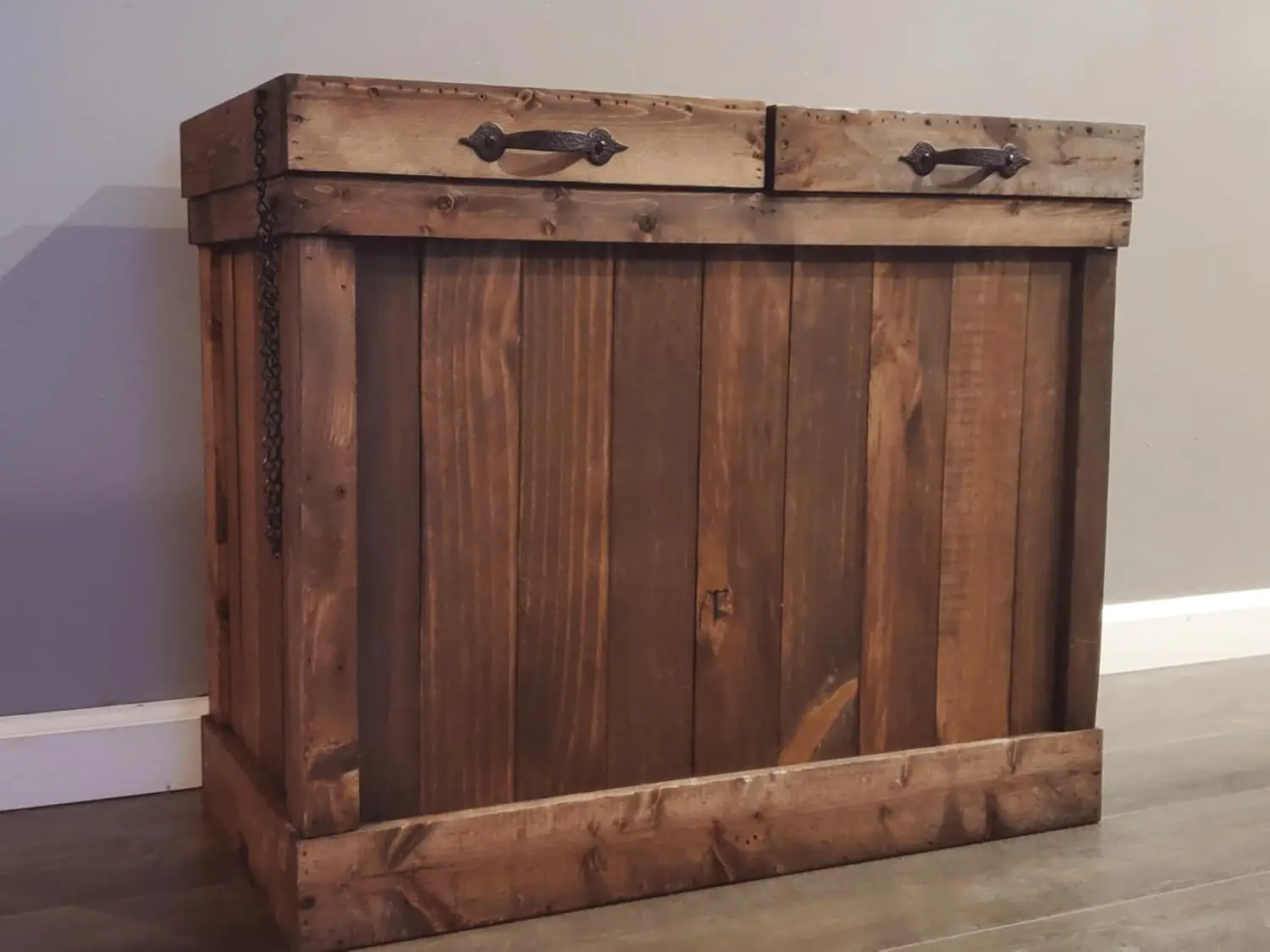 13 Gallon Double Sided Rustic Farmhouse Wood Trash Can and Recycling Bin, 14in x 28in x 24in, Dark Walnut, Concealed Garbage Can