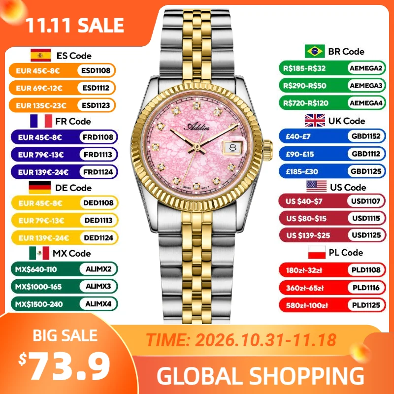 ADDIES 28mm Ladies Wristwatch Luxury Sapphire 50m Waterproof Sport Quartz Movement Stainless Steel Watch for Women Luminous Gift