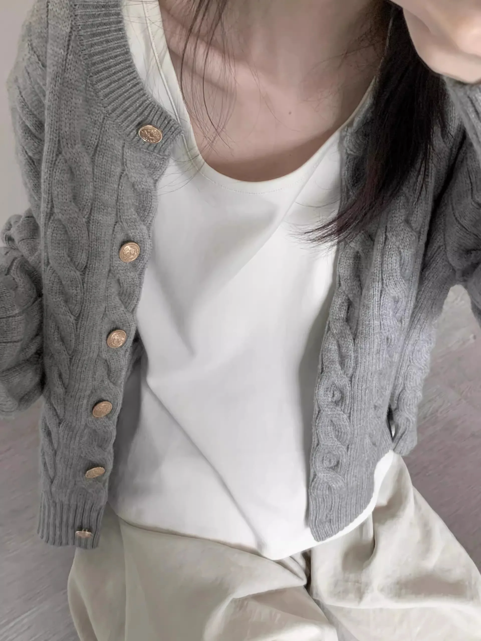 الخريف الشتاء ort محبوك سترة معطف المرأة فضفاضة تناسب زر تويست زهرة سترة ملابس خارجية كلية Sle ألياف البوليستر #2