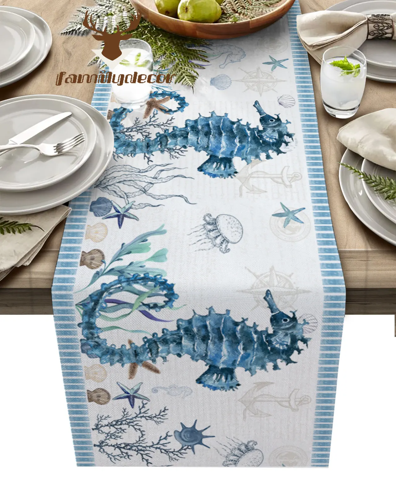 Mediterranean Style Ocean Starfish Seahorse Stripes Table Runner Home Wedding Table Mat Centerpieces Decor Dining Tablecloth