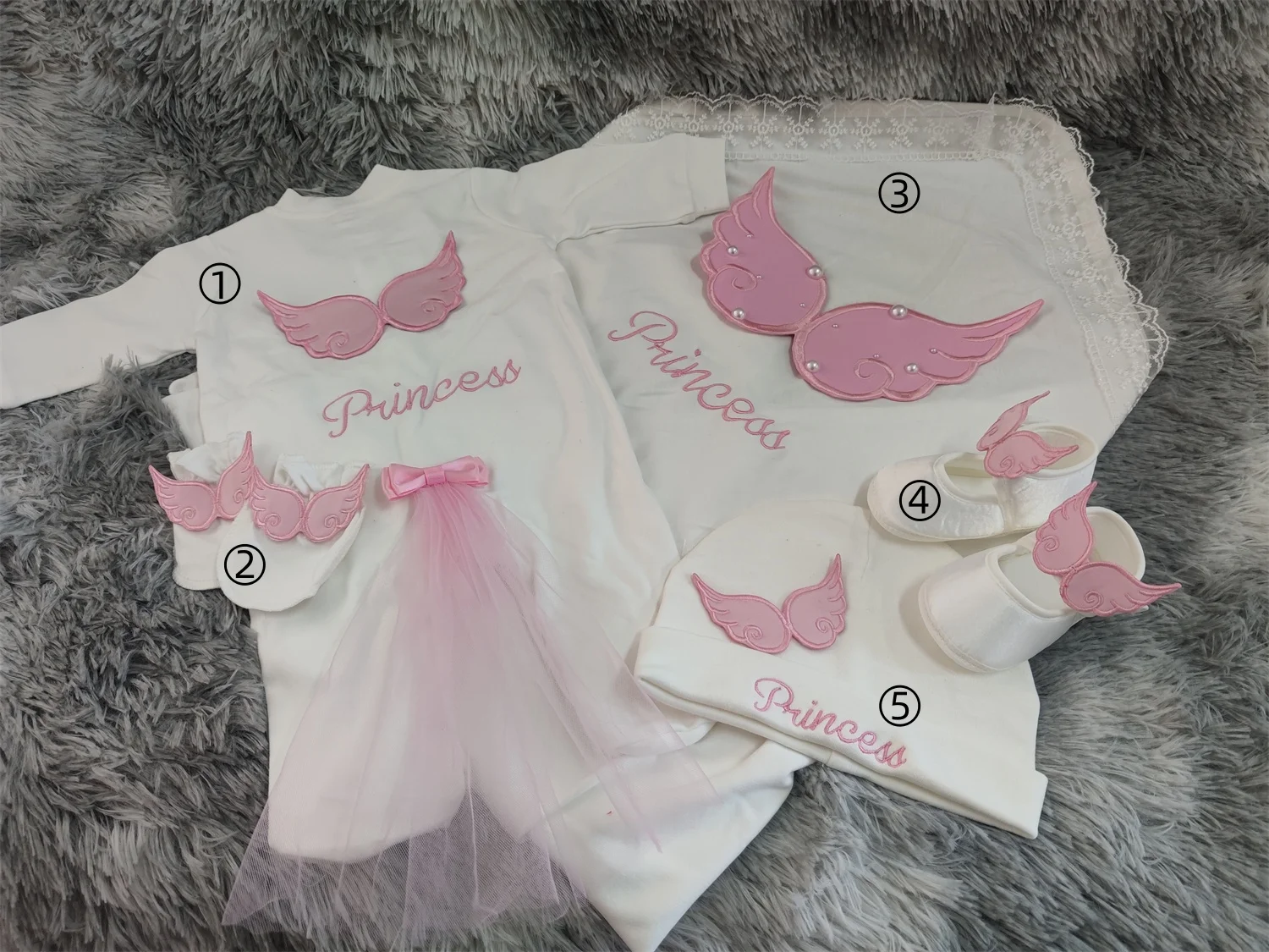 5Pcs Newborn Baby Girl Angel Wings Romper Set Soft Breathable Cotton Hypoallergenic Princess Outfit 0-3M Daily Wear