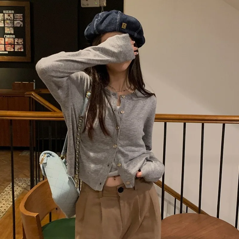 

Spring Autumn Thin Solid Color O Neck Sweet Slim Women Knitted Jacket Fashion Versatile Casual Short Sweater Cardigan Lady New