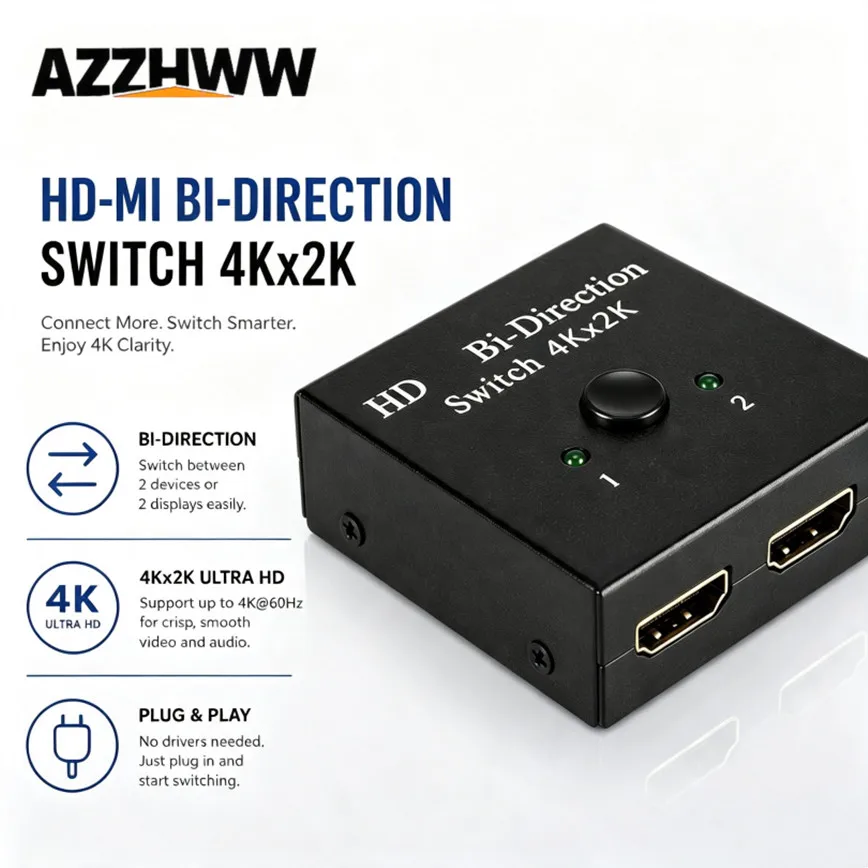 HDMI-Compatible Bi-Directional 2x1 or 1x2 Switch 4K HDMI-Compatible Switch For Xbox PS5/4/3 Blu-Ray Player Fire Stick Roku HDTV