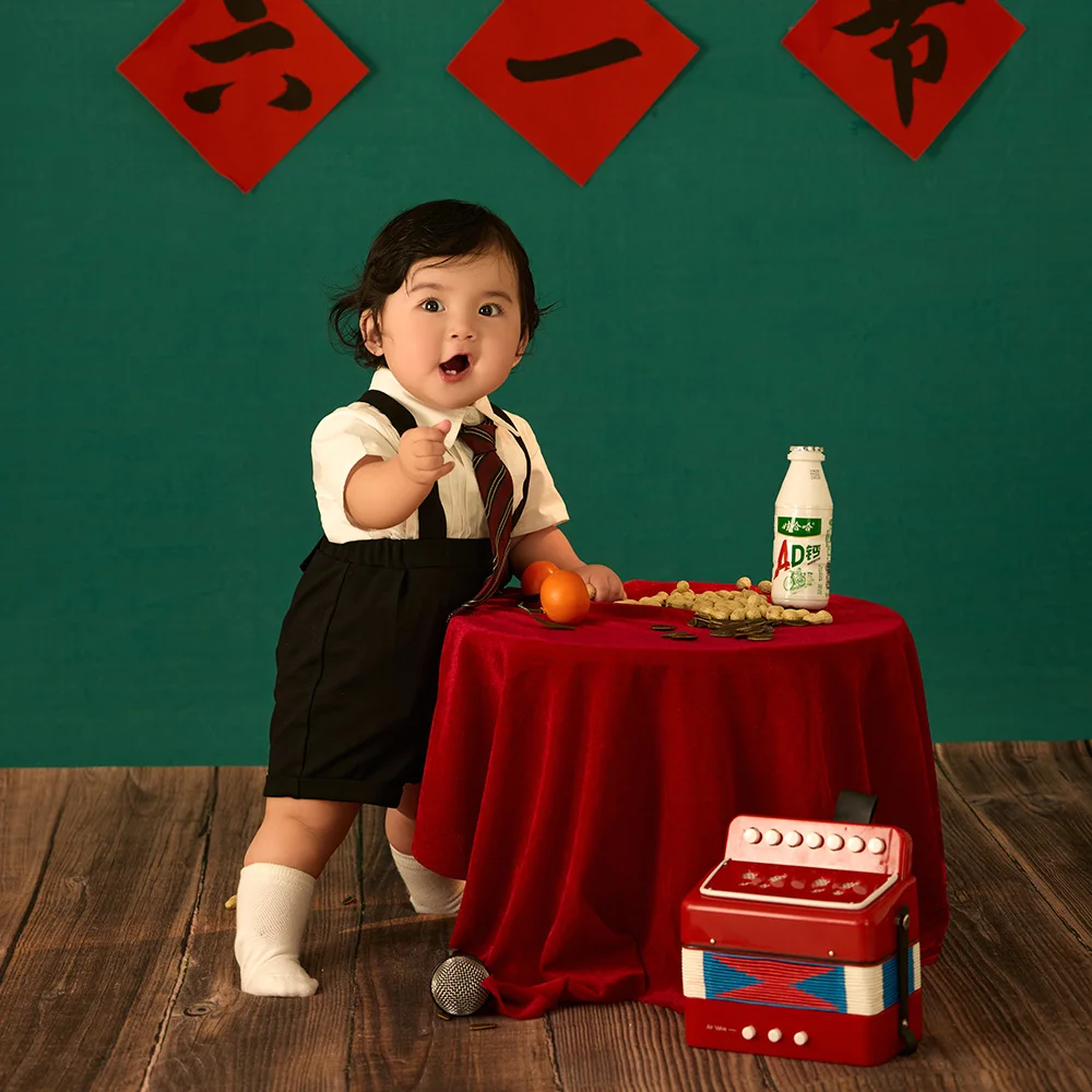 1 Year Old Baby Retro Photography Outfit Festive Clothing Vintage Toddler Gentleman Style Costume for Studio Milestone Shooting