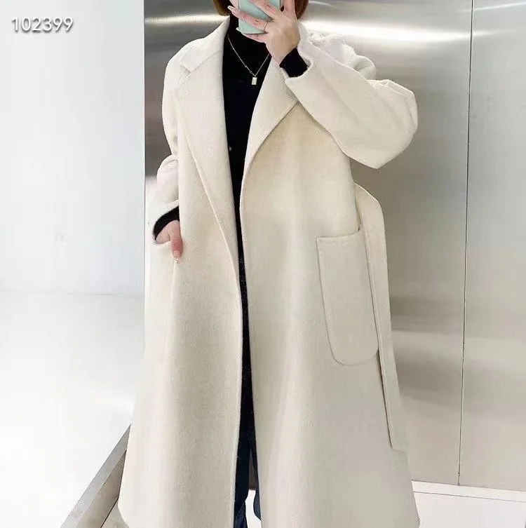 Wholesale 2023 Autumn New Lace Up Polo Loose and Lazy Style Long Wool Double Sided Wool Women's Coat