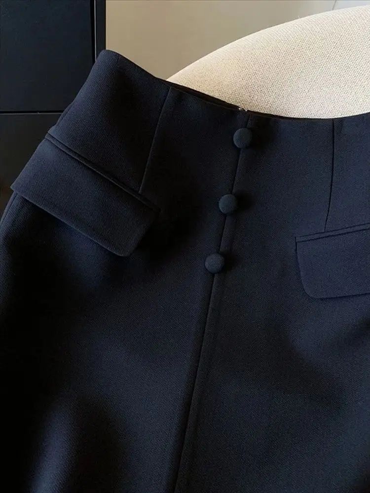Women's Retro Korean Navy Blazer Pencil Skirt Elegant Back Slit High-waisted Versatile A-line Skirts Slim-fitting Office Ladies