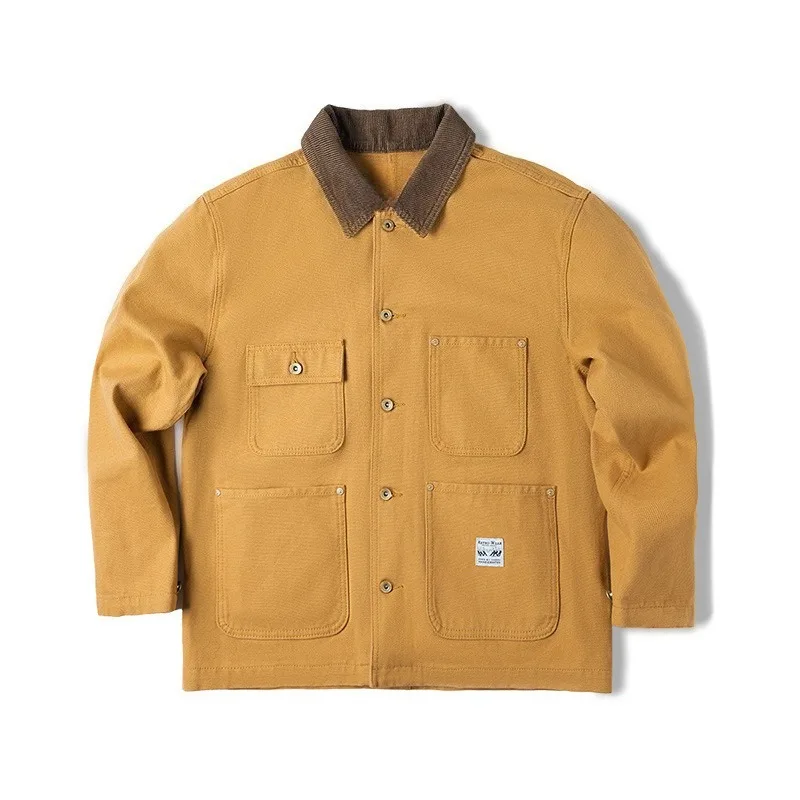 Vintage Tooling Jackets Multi-Pocket Canvas Hunting Coat for Men's Spring Loose Lapel Spliced Tops Single Breasted Men Outwear